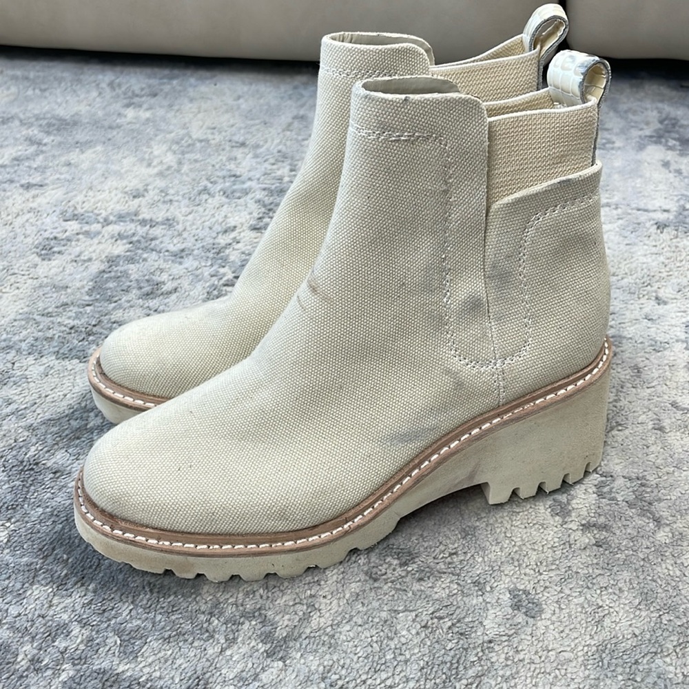 New Dolce Vita Huey Booties Ankle Boot Cream Sandstone Canvas Sz 6 - Picture 2 of 16